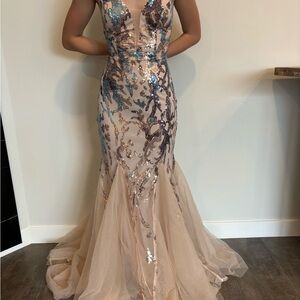 Elegant Sequin Evening Gown - Nude and Blue